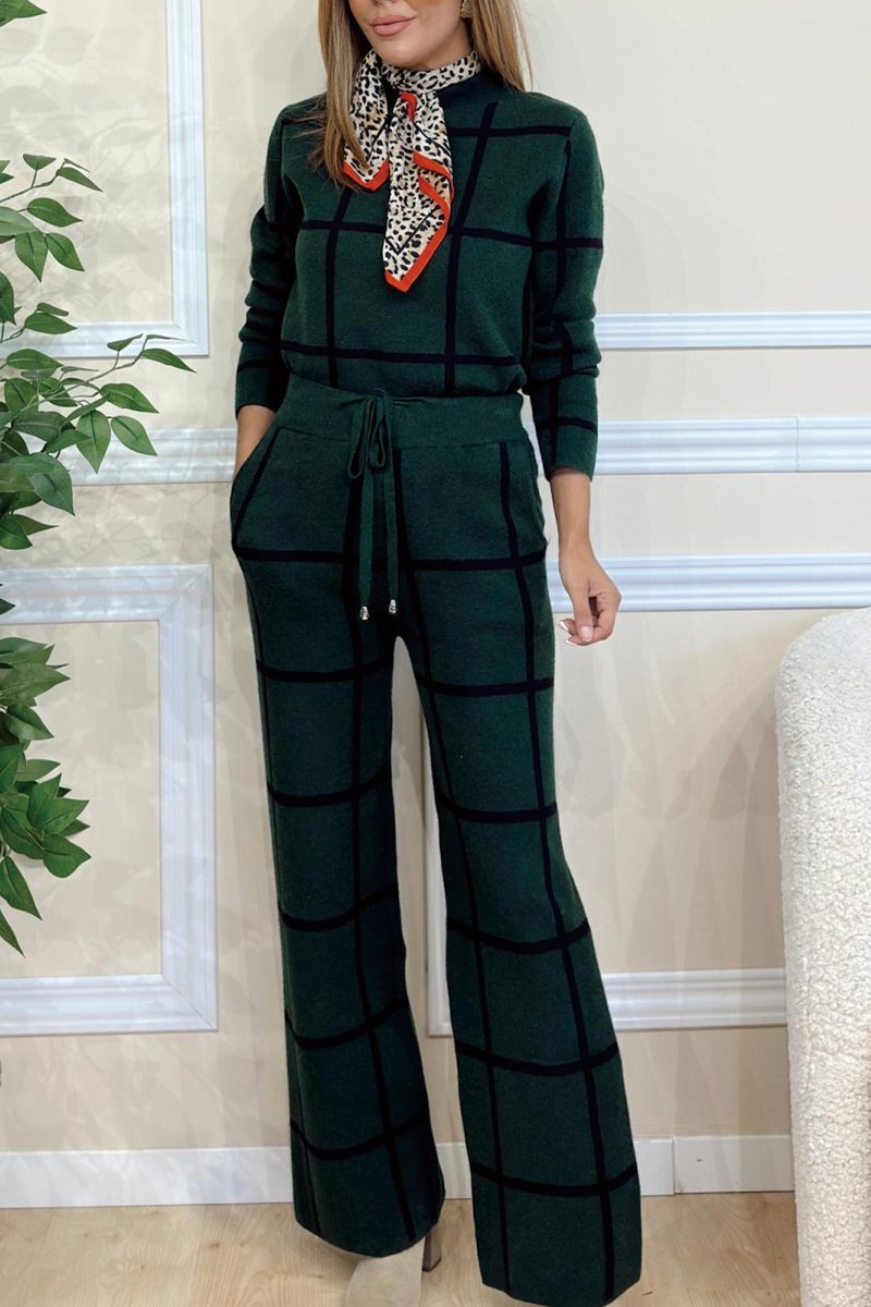 Women's Turtleneck Long Sleeve Printed Checks Trousers Suit