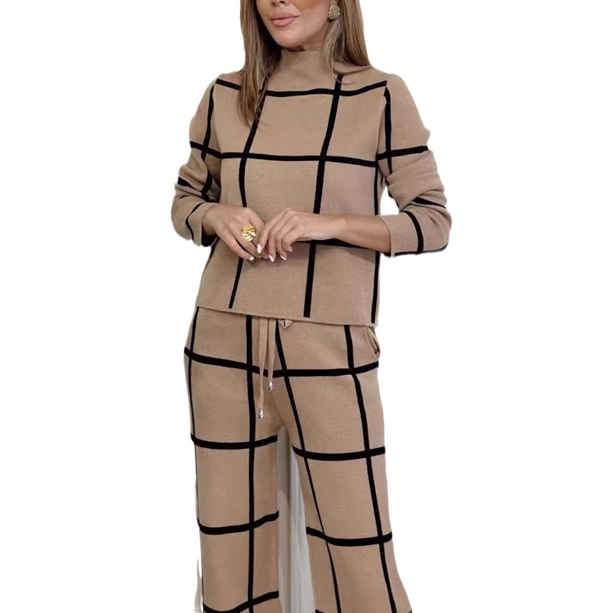 Women's Turtleneck Long Sleeve Printed Checks Trousers Suit