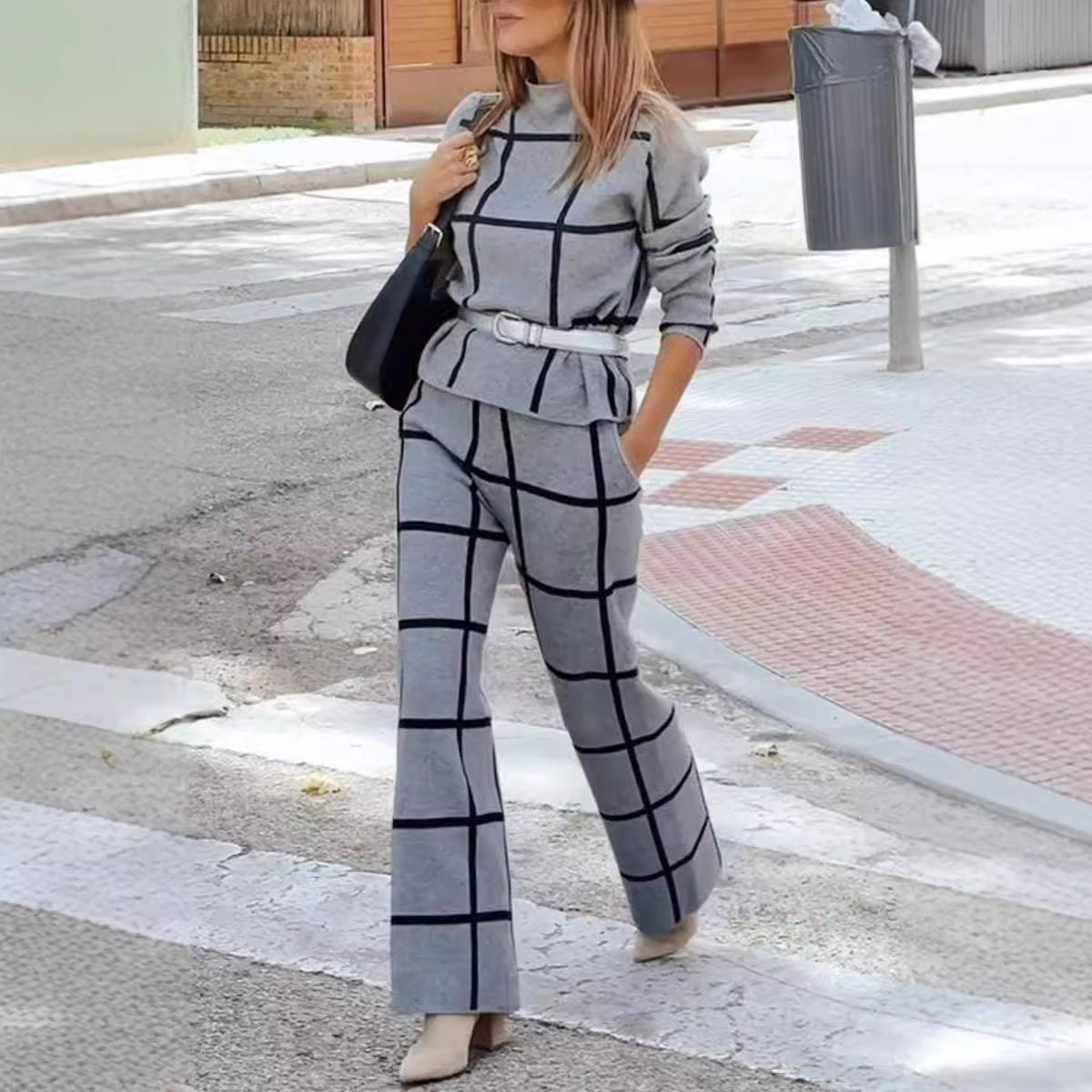 Women's Turtleneck Long Sleeve Printed Checks Trousers Suit