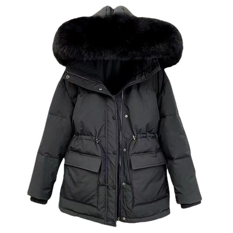 Slimming Drawstring Thick With Cap Big Fur Collar Coat