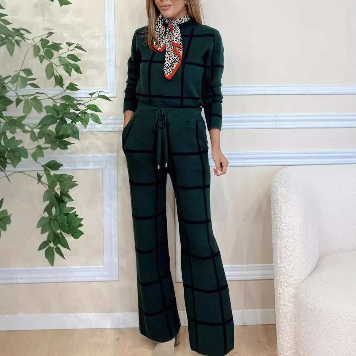 Women's Turtleneck Long Sleeve Printed Checks Trousers Suit